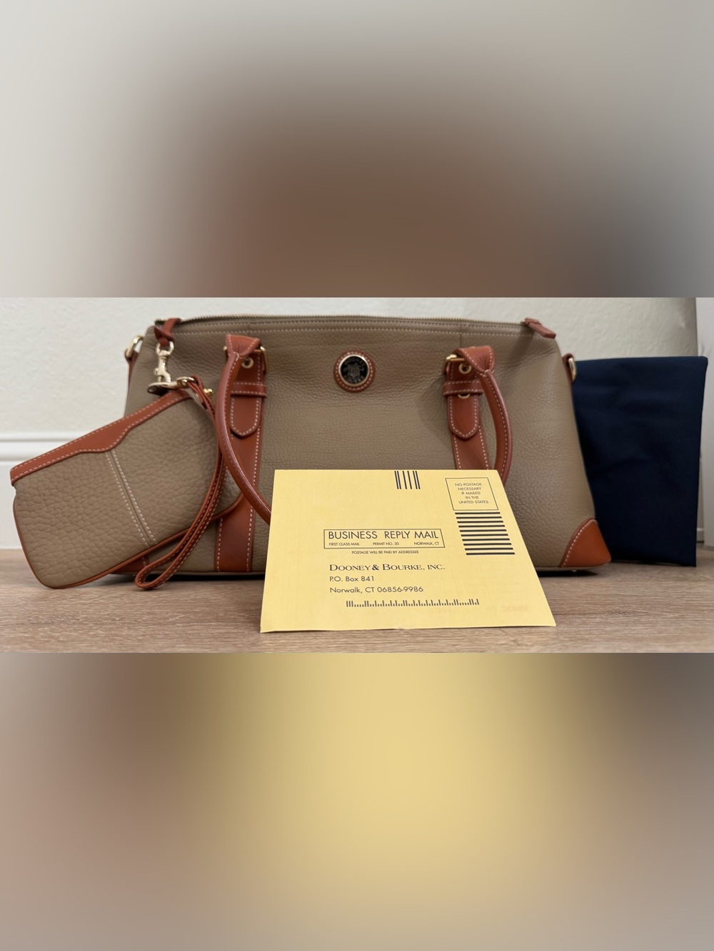 Dooney & Bourke Taupe Pebbled Leather Shoulder Bag with Brown Trim